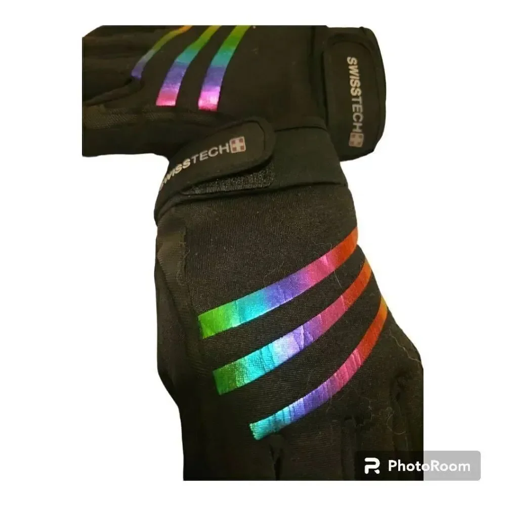 Swiss Tech Youth Water Resistant Black Ski Glove with Rainbow Foil Stripes, Rein